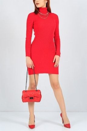 Kadın Balıkçı Yaka Kırmızı Renk Triko Elbise (standart Beden S/m/l/xl Uyumlu) Boy 90cm ŞIMARIK-233