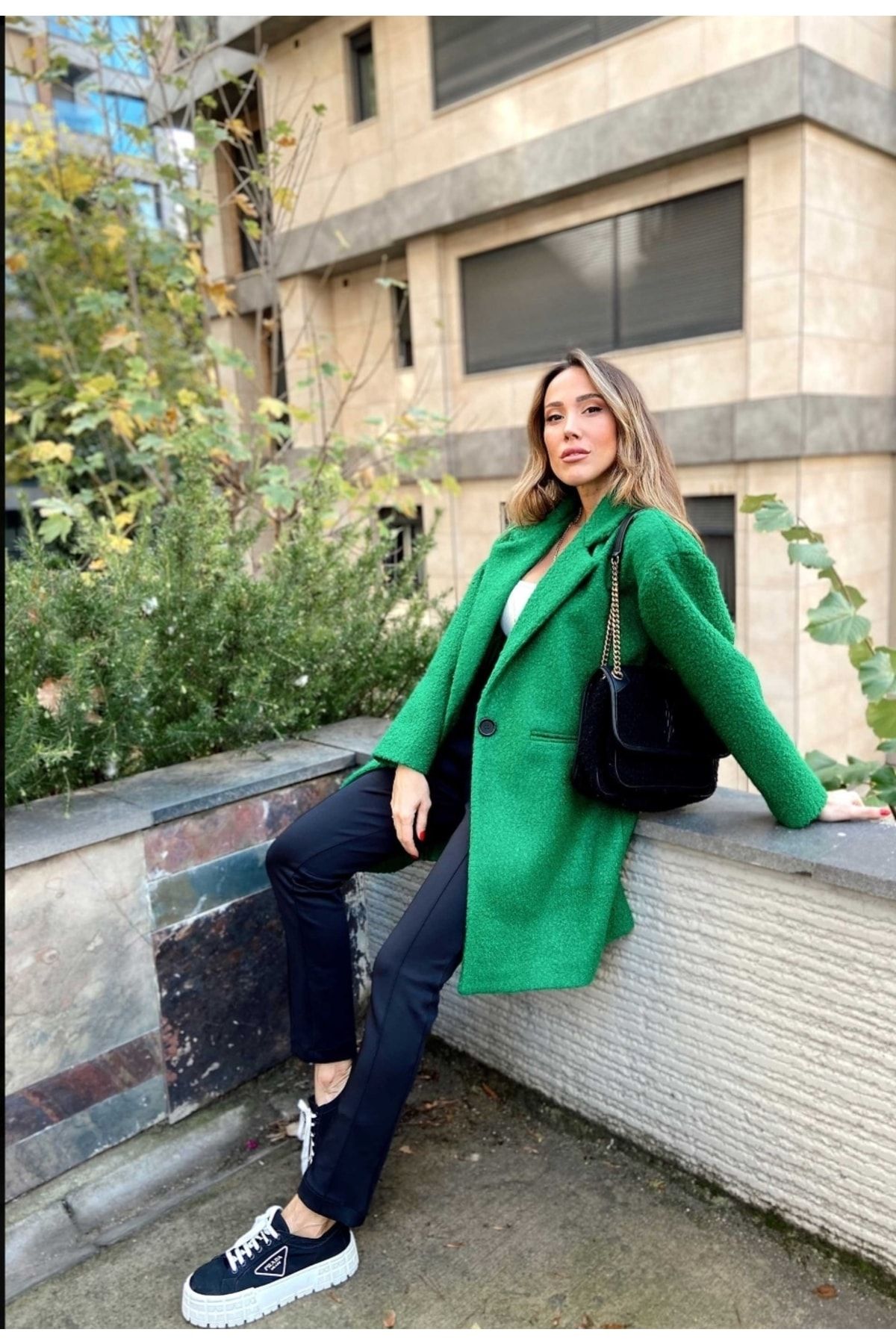 Dark green boucle coat store