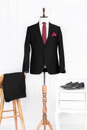Erkek Slim Fit Mono Yaka Çımalı Siyah 8 Drop Takım Elbise PR1758