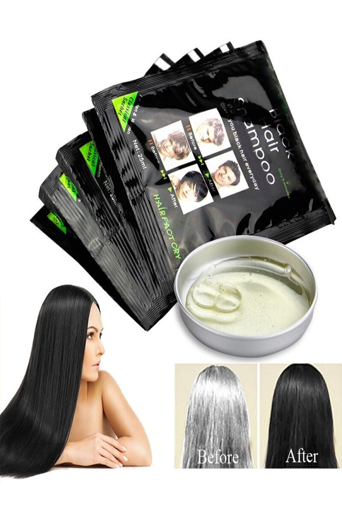 Asyalı Saç Siyahlaştırıcı Beyaz Kapatıcı Siyah Boya Şampuan 25 Ml X 10 Adet