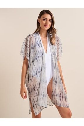Kadın Mavi Bol Kesim Açık Yaka Kolsuz Desenli Plaj Kimono 22Y05KM7007