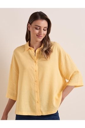 Kadın Sarı Bol Kesim Truvakar Kol Keten Gömlek 22Y04GINEVRA