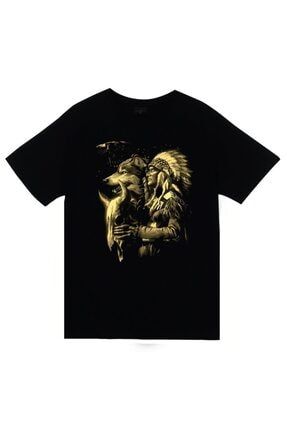 Unisex Siyah Kızılderili Baskılı T-shirt ADNV6789-KOR