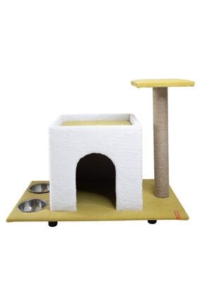Sarı Catnipli Yataklı Kedi Evi Paslanmaz Mama Su Kapları catnipli kedi evi