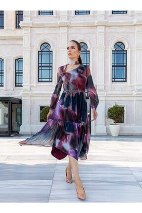 Kadın Batik Desen Uzun Kollu Dik Yakalı Asimetrik Etekli Midi Elbise AS21K3159_055_Batik Desen