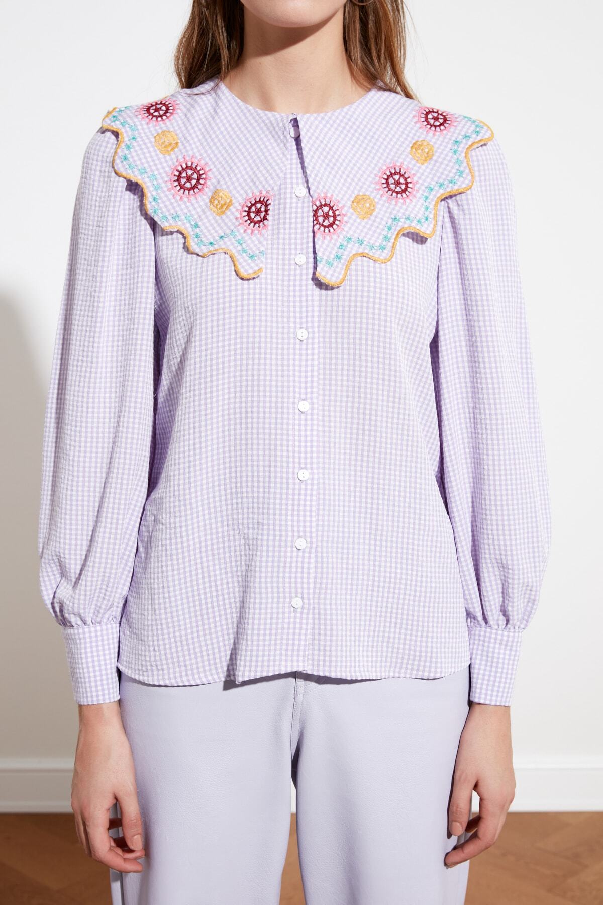 Trendyolmilla  Lila Nakış Detaylı Gofre Kumaş Regular Normal Kalıp Dokuma Gömlek TWOSS21GO0232 - Görsel 4