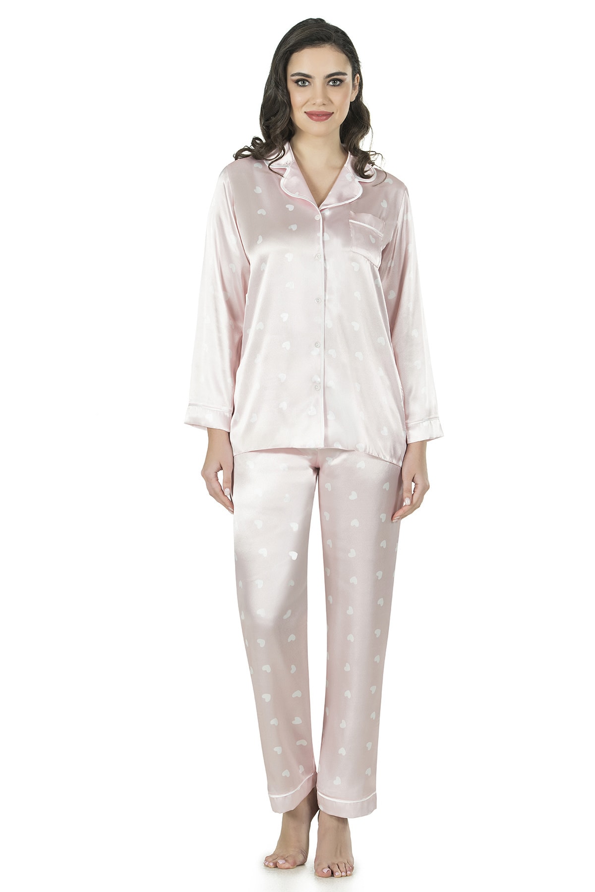 Fabienne Kalpli Saten Pudra Pembe Beyaz Gecelik Sabahlık Uzun Kollu Pijama Takım Set Sevgililer Günü