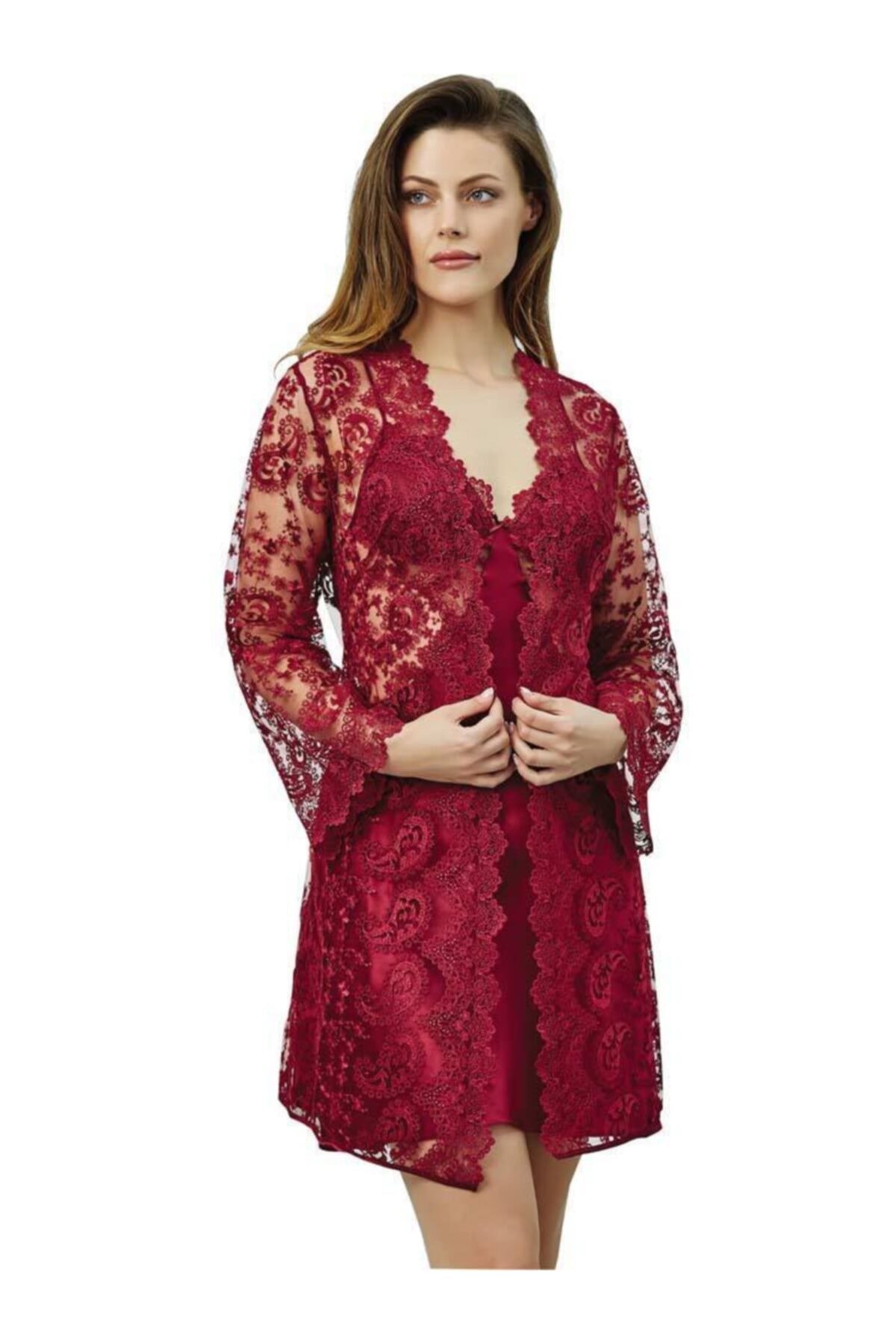 Genel Markalar Kadın  Kırmızı Jeremi 613 Dantelli Saten Kısa Altılı Gecelik Sabahlık Takım