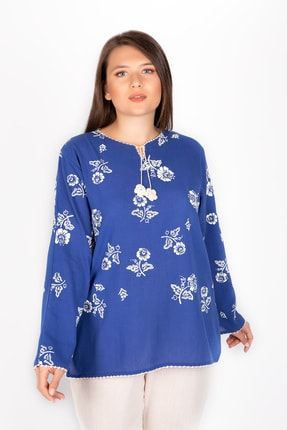 Kadın Mavi Bluz Şile Bezi Uzun Kollu Krdln-166
