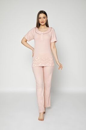 Pudra Dantelli Düğmeli Pmauklu Bayan Pijama Takım 5570