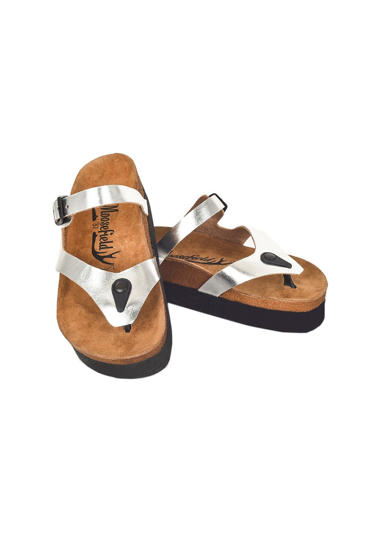 Moosefield-Genuine Leather Silver Women's Slippers 3