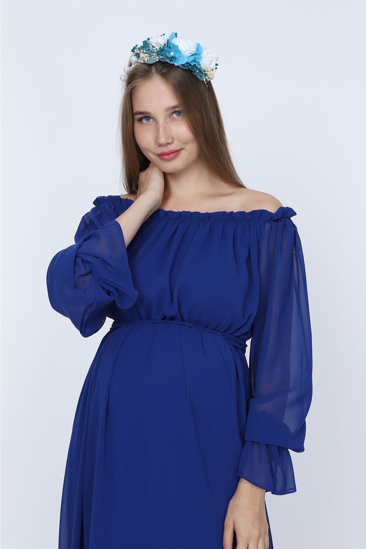 MODA LABİO-Saks Blue Draped Maternity Dress 2