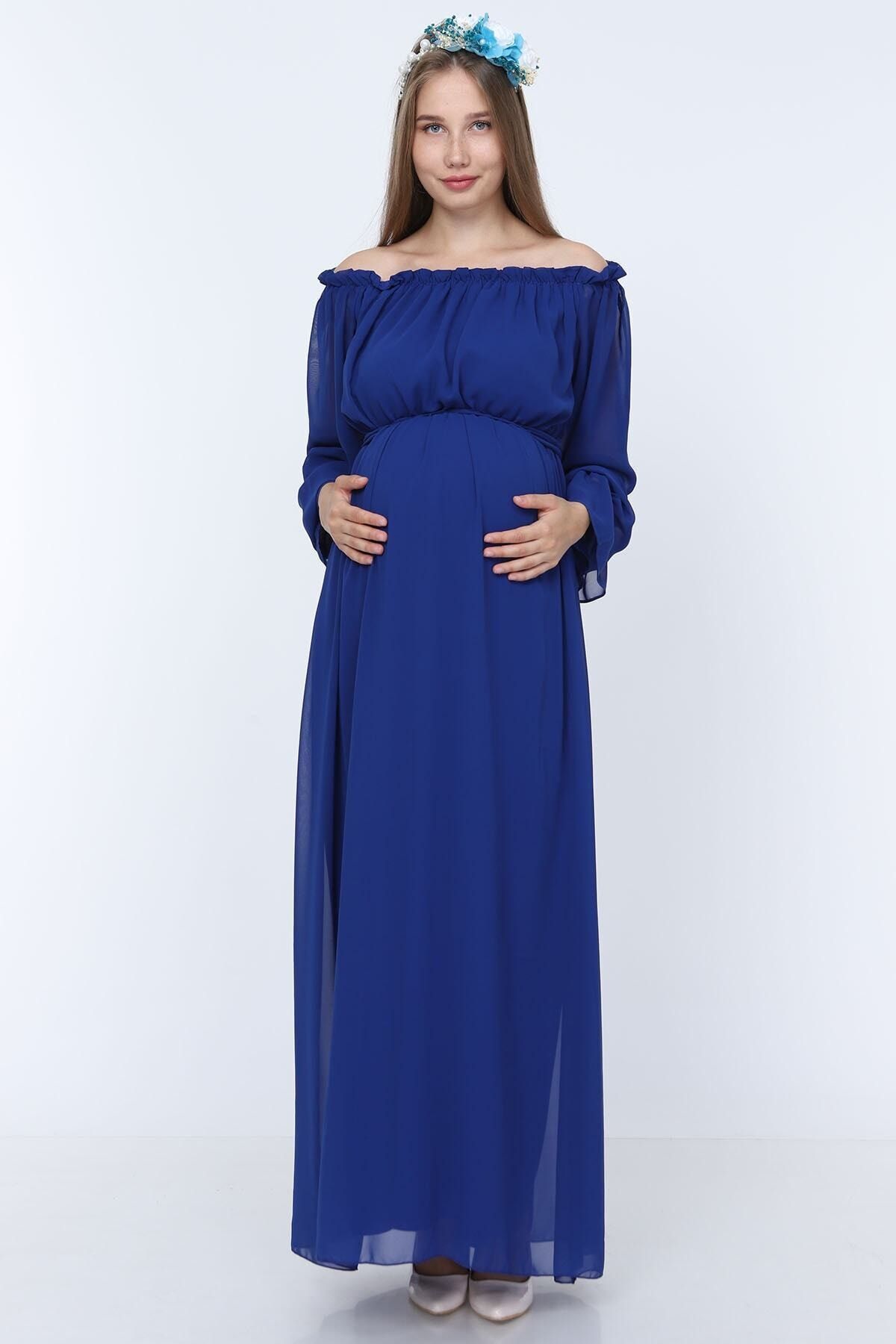 MODA LABİO-Saks Blue Draped Maternity Dress 4