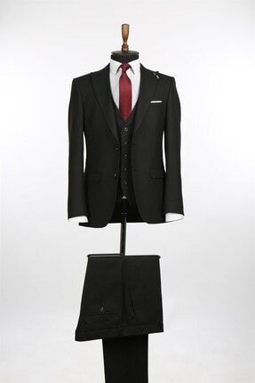 Erkek Siyah Sivri Yaka Slim Fit Takım Elbise JK00SF02M016