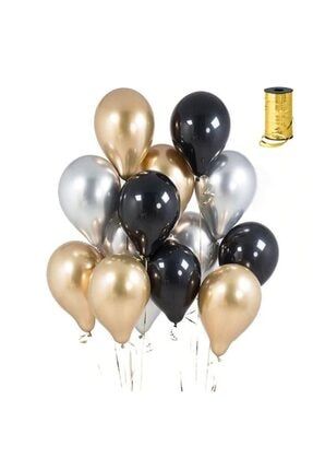 12 Adet Metalik Rafyalı Gold Siyah Gümüş Balon GOLDSİYAHGÜMÜŞRAFYA