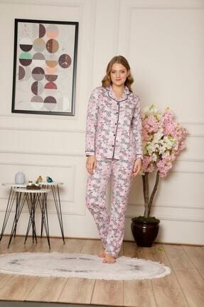 Cagri Kadin Pembe Uzun Kollu Onden Dugmeli Cicek Desenli Pijama Takimi Trendyol