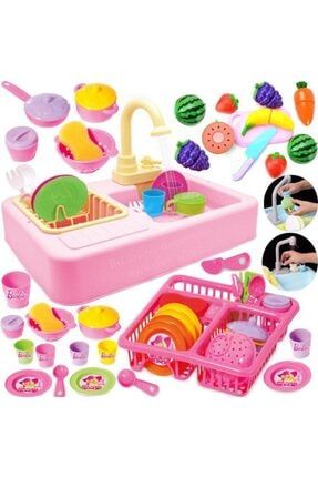 Oyuncak Mutfak Çeşmeli Lavabo Set + Barbie Bulaşıklık + Tabaklar + Kesilebilen Meyve Set Depomiks modern lavabo
