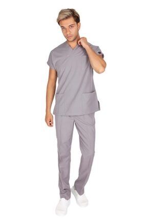Erkek Doktor Hemşire Forması Scrubs Alpaka Kumaş Hastane Nöbet Takımı (zarf Yaka Yarasa Kol) 1100E