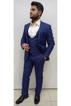 Erkek Mavi Ekose Desenli Mono Yaka Slim Fit Takım Elbise 9171