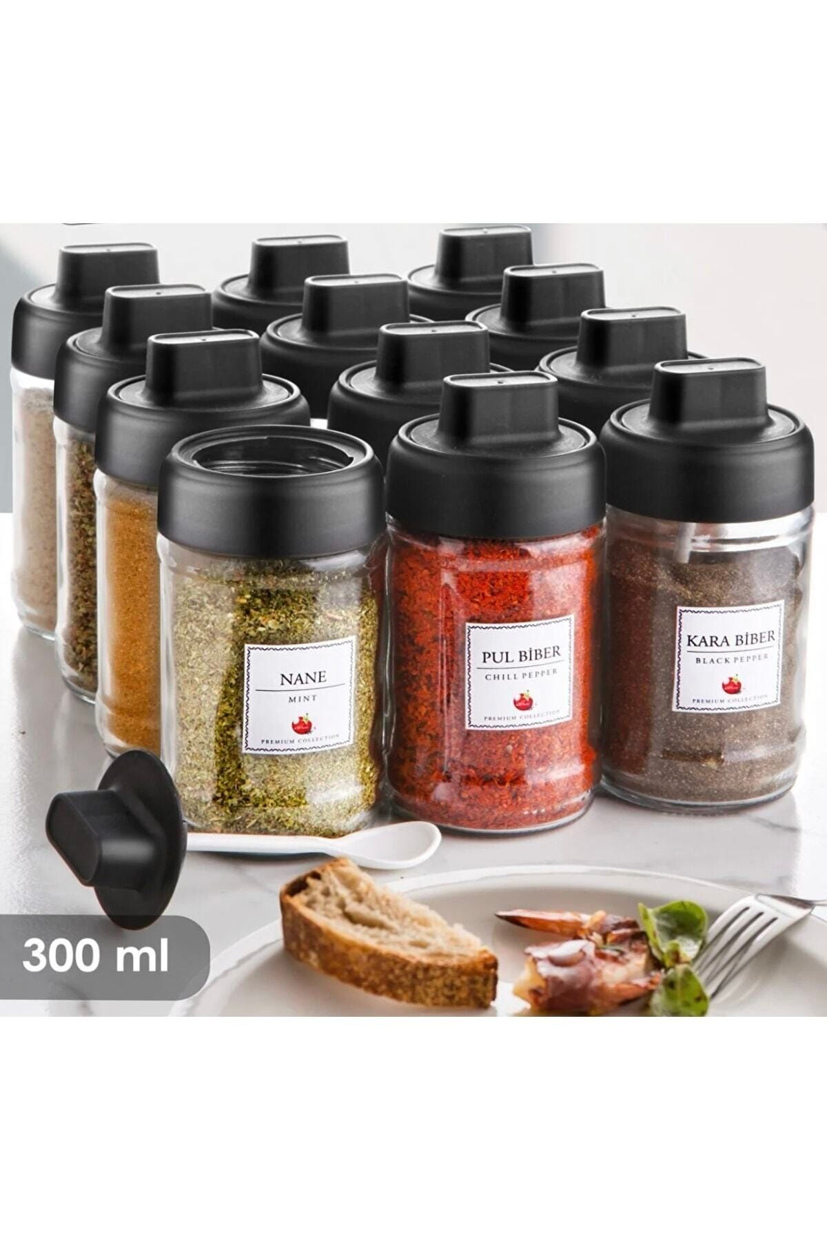 DDATELİER 6 Adet Kilitlenebilir Kapaklı, Kapağı Kendinden Kaşıklı Baharatlık Seti 300 Ml Kilitli Baharatlık
