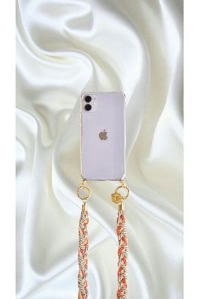 Coral Turuncu Iphone 13 Uyumlu Kristal Taşlı Telefon Kılıfı Ve Çapraz Telefon Askısı, Zincir NTM0718