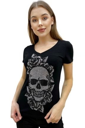 V Yaka Crystal Kurukafa Taş Desenli Kadın Pamuk T-shirt 9005
