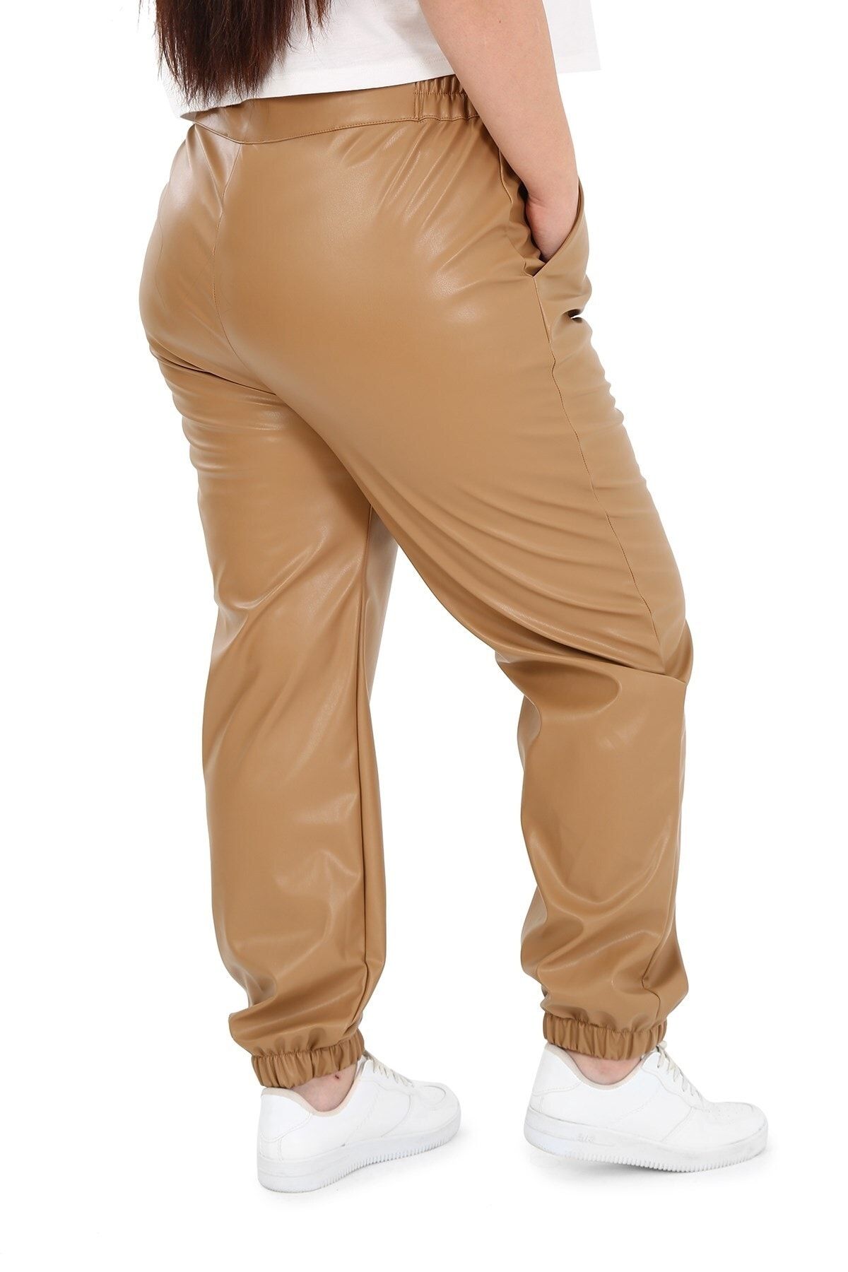 DISENTIS MODEST-Plus Size Beige Leather Trousers with Elastic Waist and Side Pockets and Elastic Legs 3