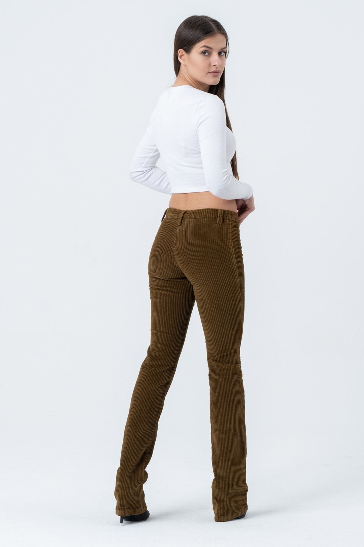Barkaist-Pantaloni de damă, verzi, cu talie joasă, din velur 3