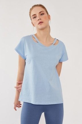 %100 Pamuk Yaka Dekolteli Basic T-shirt Açık Mavi 2202010011NLU