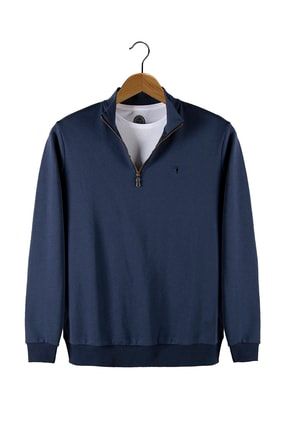 Erkek Indigo Yarım Fermuarlı Basic Düz Renk Trend Sweatshirt VAVN21K-5200179