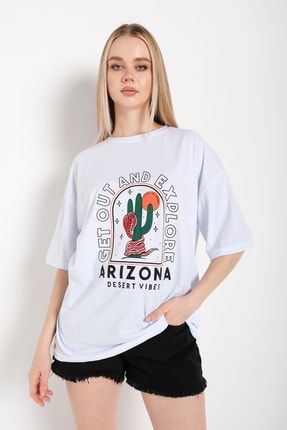Kadın Beyaz Oversize Arizona Baskılı T-shirt Twn-111-790-TS