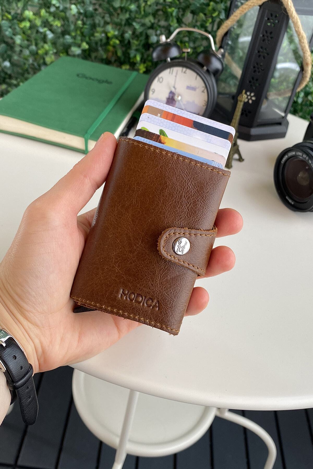 Lisbon - Brown Card Holder Wallet with Genuine Leather Rfid Anti-Theft Mechanism