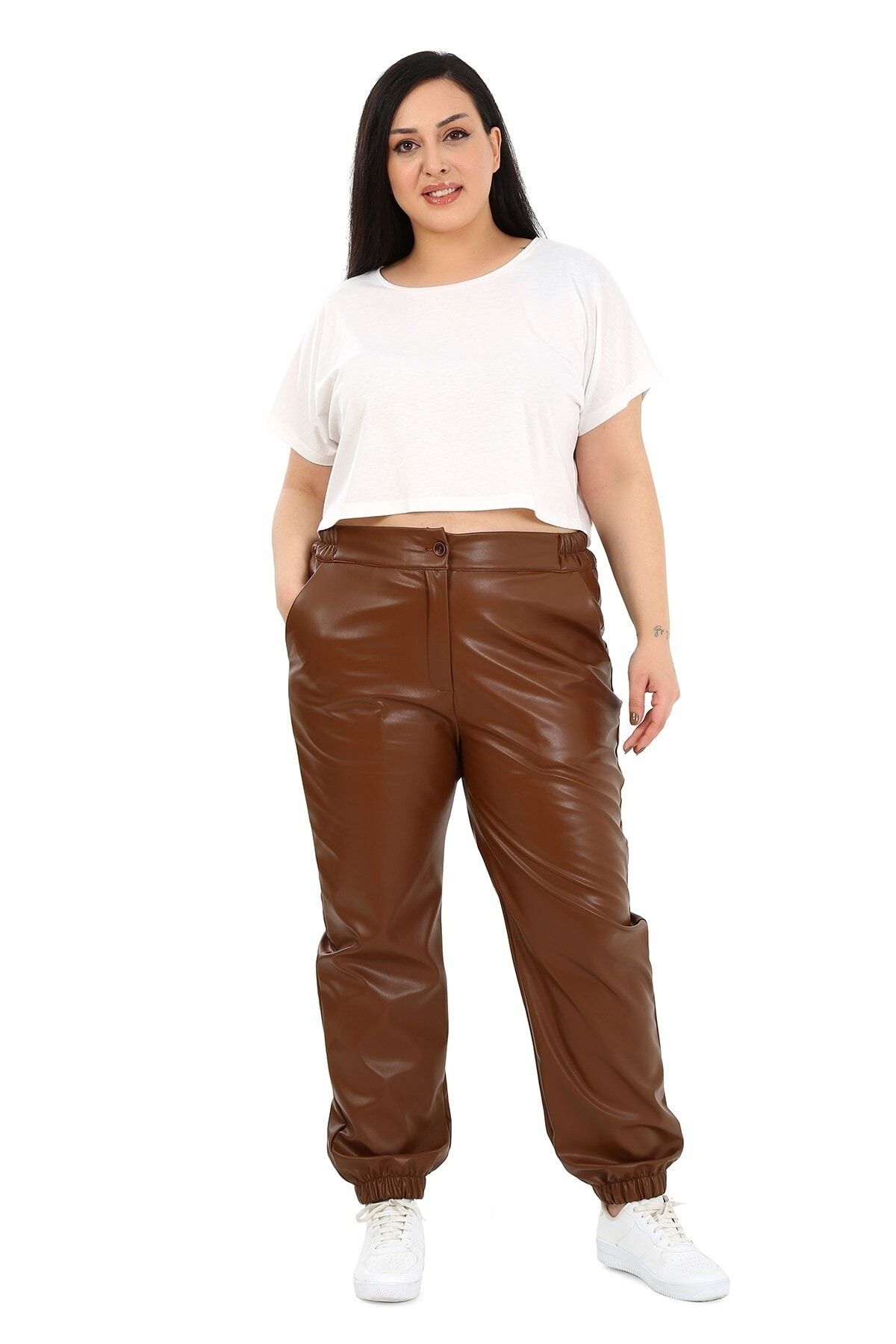 DISENTIS MODEST-Plus Size Brown Leather Trousers with Elastic Waist and Side Pockets and Elastic Legs 2