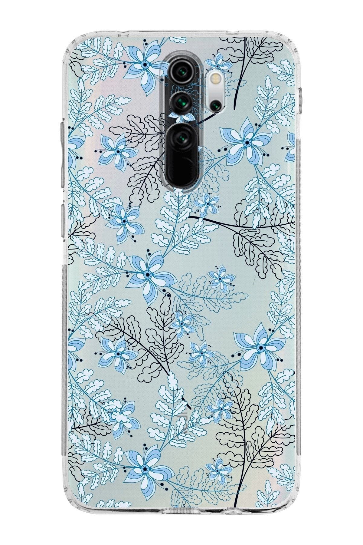 Xiaomi Redmi Note 8 Pro Kamera Korumalı Kapak Floral Mavi Tasarımlı Şeffaf Kılıf