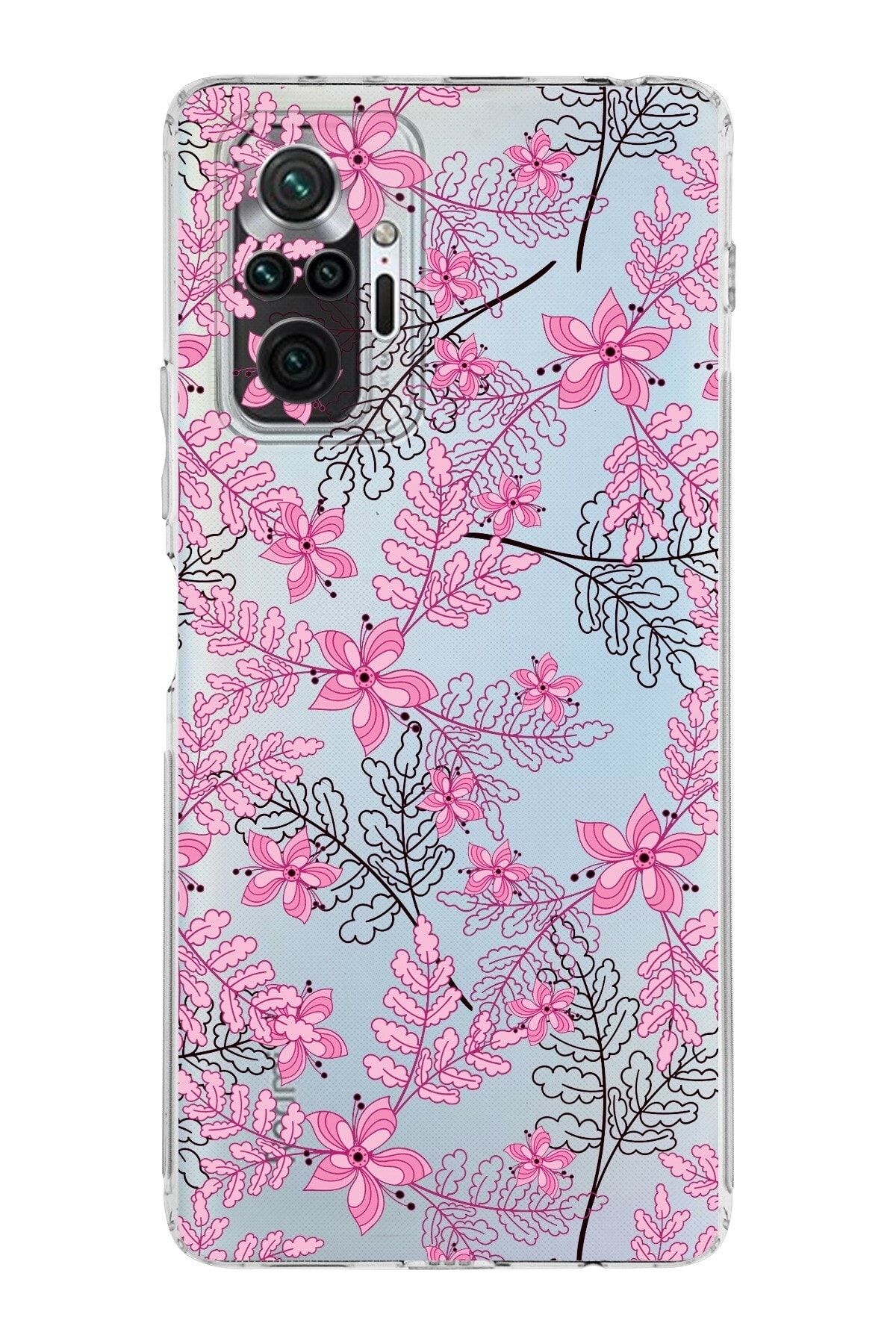 Xiaomi Redmi Note 10 Pro 4g Kamera Korumalı Kapak Floral Pembe Tasarımlı Şeffaf Kılıf