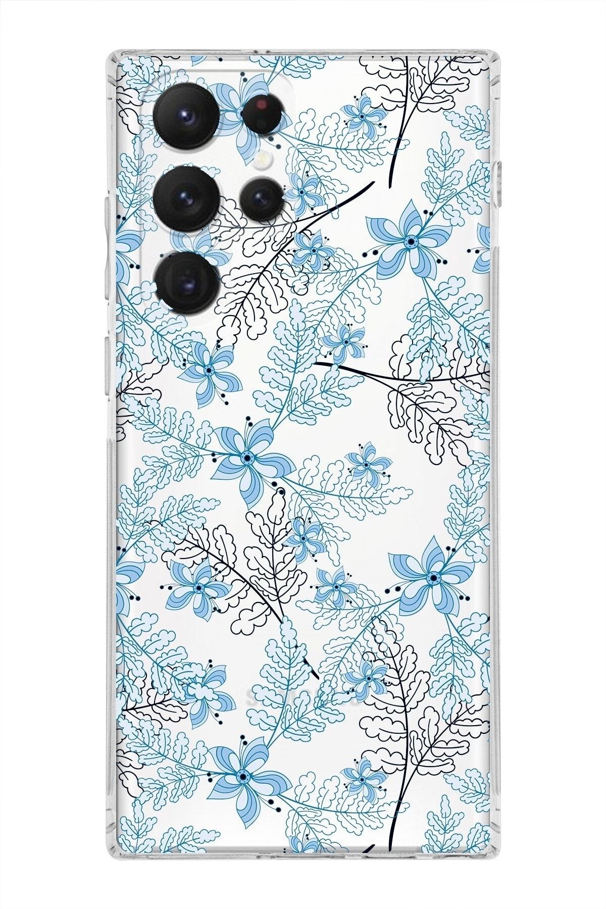 Samsung Galaxy S22 Ultra Kamera Korumalı Kapak Floral Mavi Tasarımlı Şeffaf Kılıf