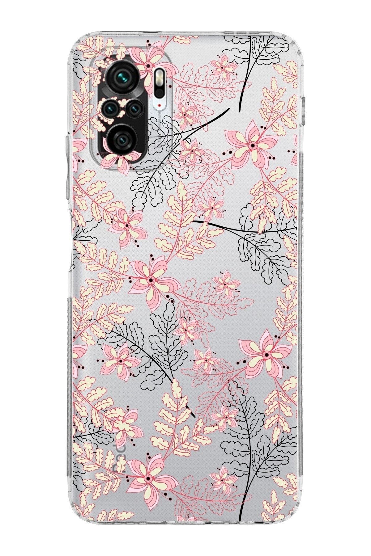 Xiaomi Redmi Note 10 4g Kamera Korumalı Kapak Floral Kırmızı Tasarımlı Şeffaf Kılıf