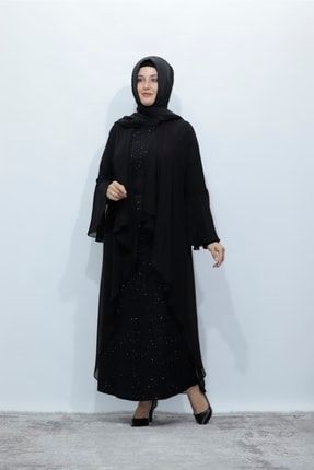 Büyük Beden Şifon Ceketli Simli Abiye Elbise Takım Z704