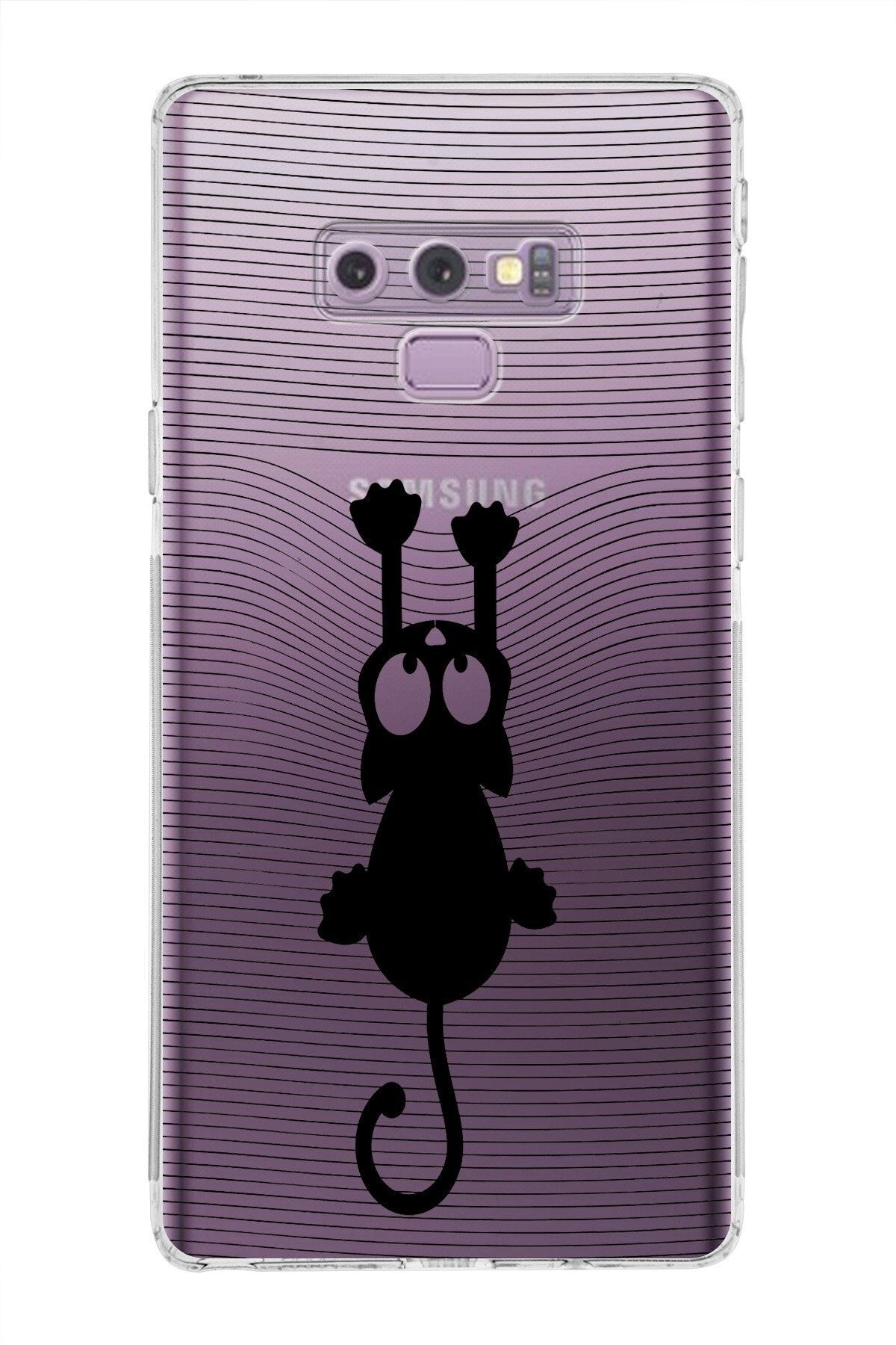 Samsung Galaxy Note 9 Kamera Korumalı Kapak Çizgi Kedi Tasarımlı Şeffaf Kılıf
