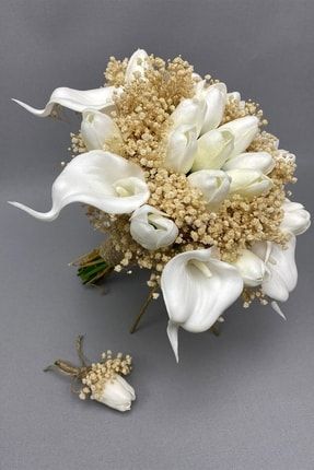 Beyaz Islak Lale Ve Gala Gelin Buketi Ve Damat Çiçeği TXCB57F6A955236