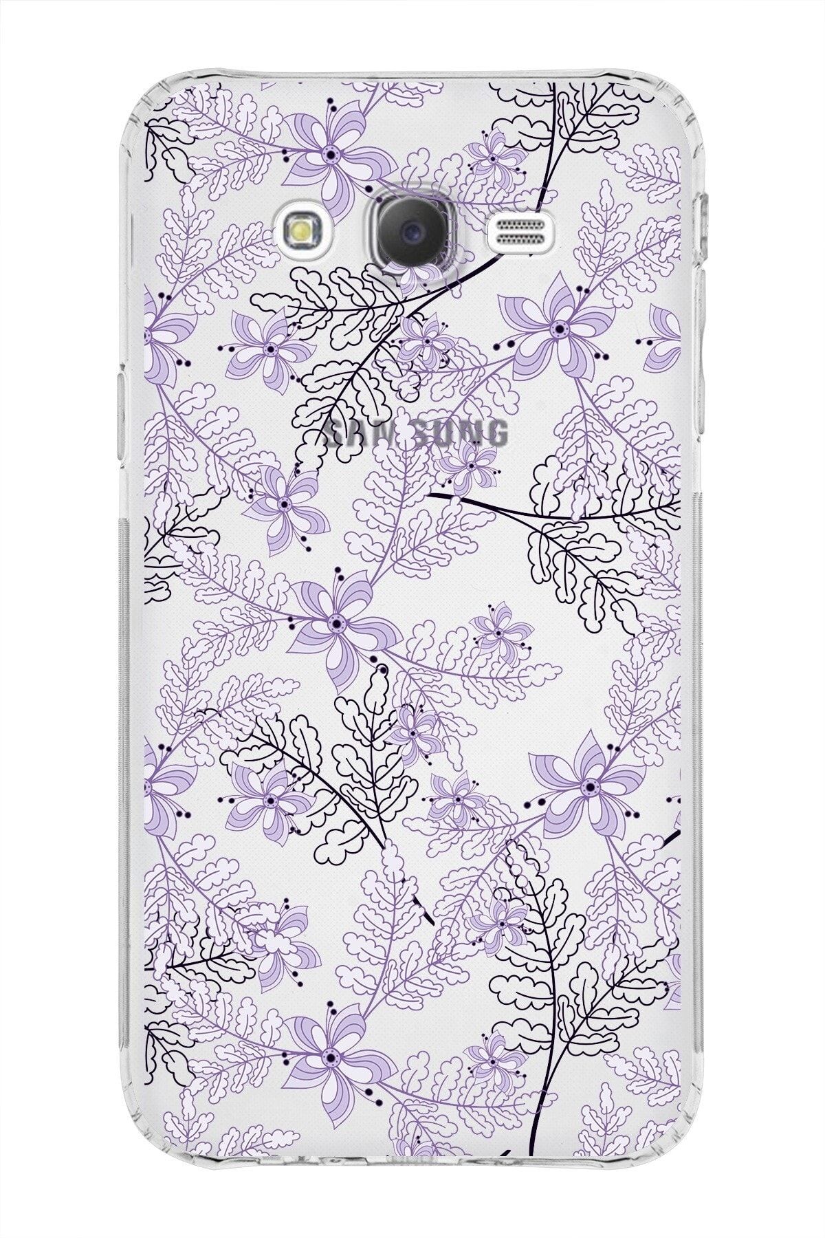 Samsung Galaxy J7 Kamera Korumalı Kapak Floral Lila Tasarımlı Şeffaf Kılıf