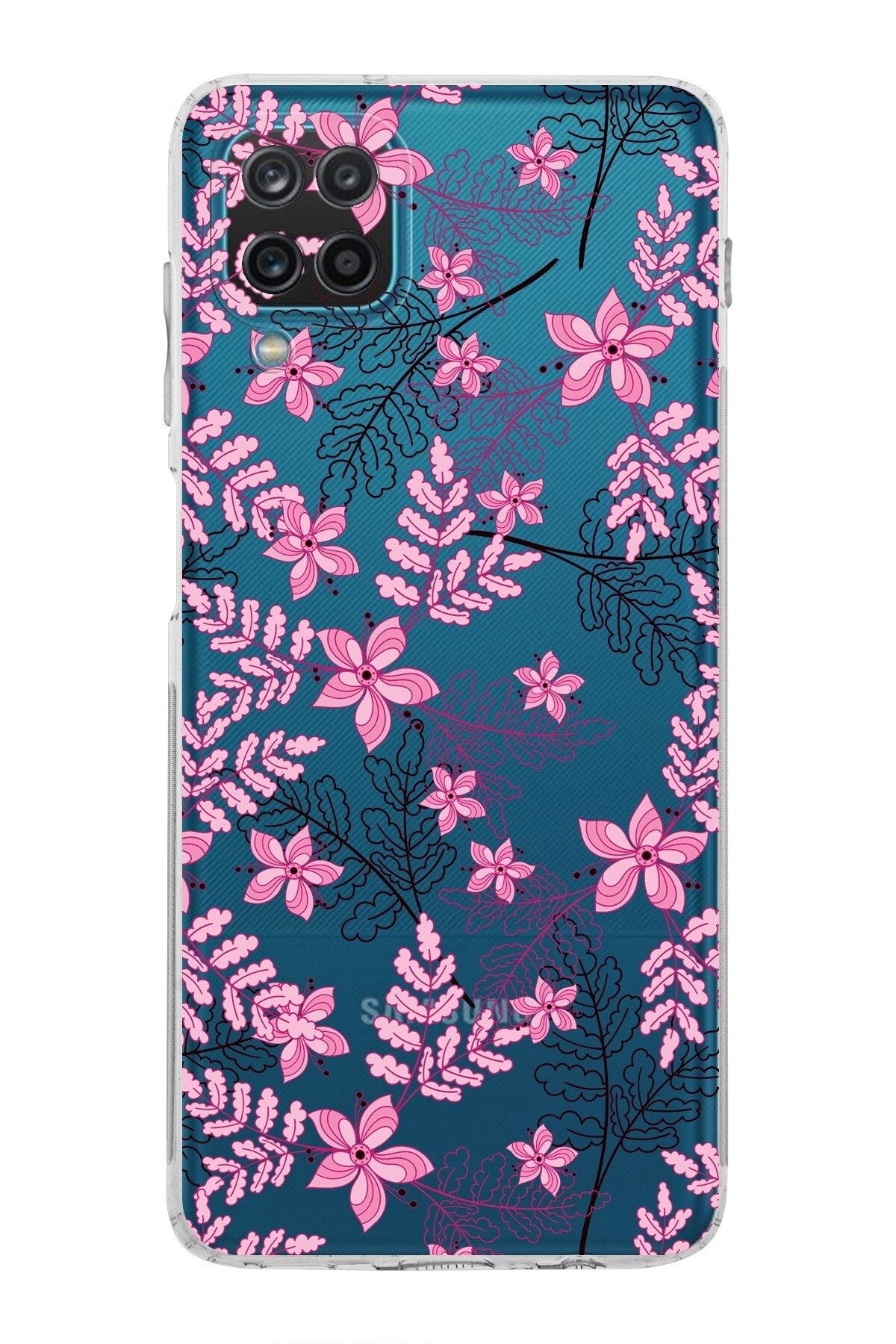 Samsung Galaxy A12 Kamera Korumalı Kapak Floral Pembe Tasarımlı Şeffaf Kılıf