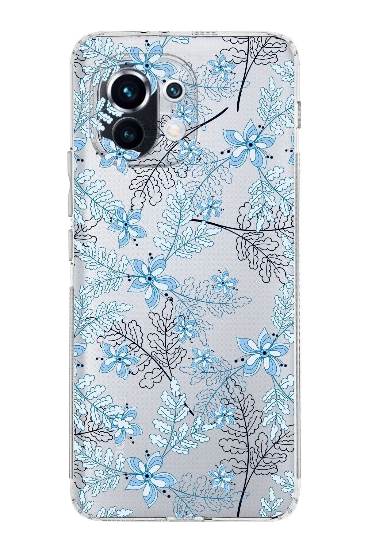 Xiaomi Mi 11 Kamera Korumalı Kapak Floral Mavi Tasarımlı Şeffaf Kılıf