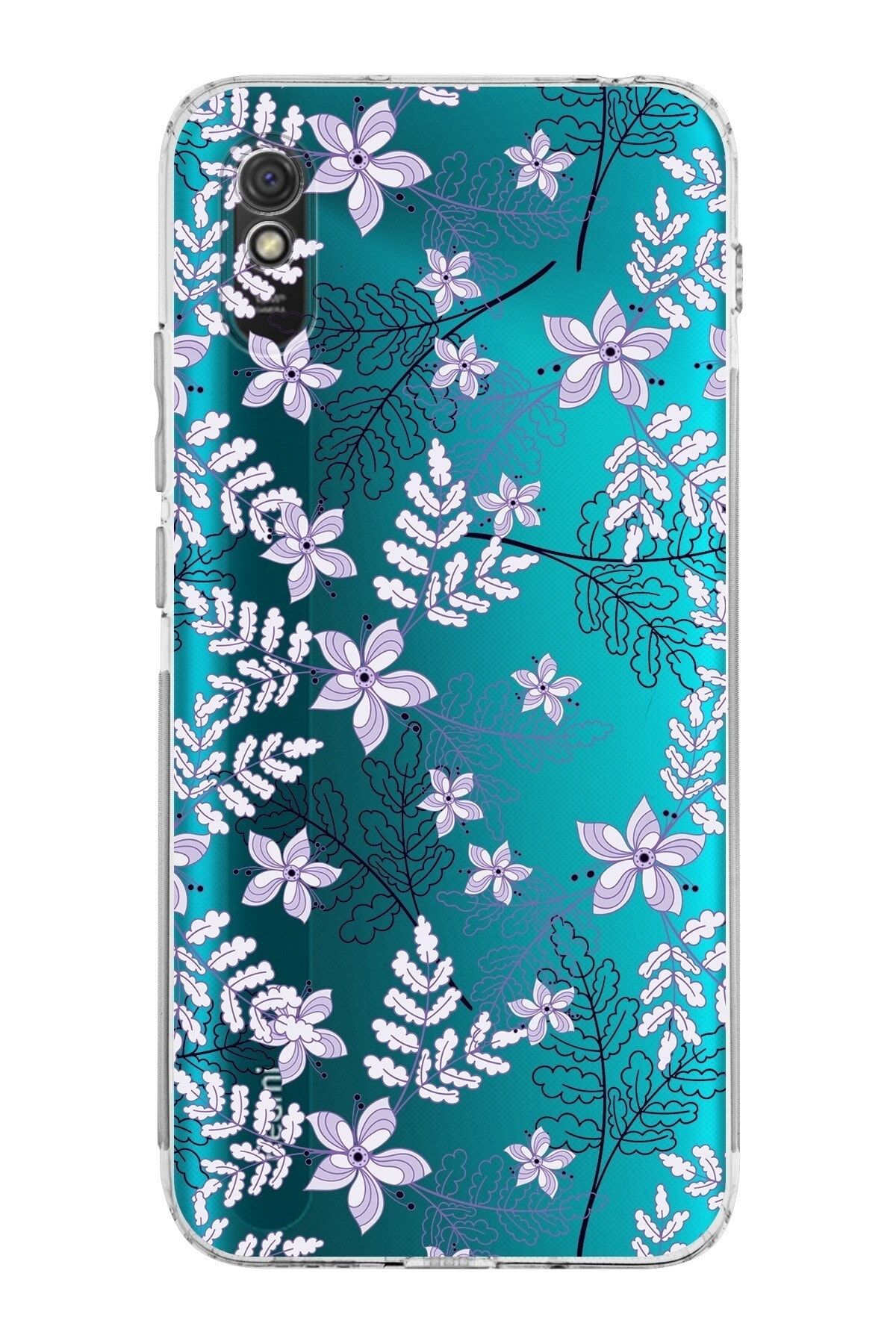 Xiaomi Redmi 9a Kamera Korumalı Kapak Floral Lila Tasarımlı Şeffaf Kılıf