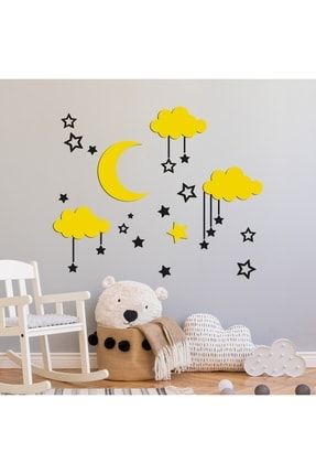 Bebek Odası Için Ahşap Gökyüzü Kompozisyonu Duvar Dekoru Sarı-siyah Renklerinde WD-GOKYUZUKOMP