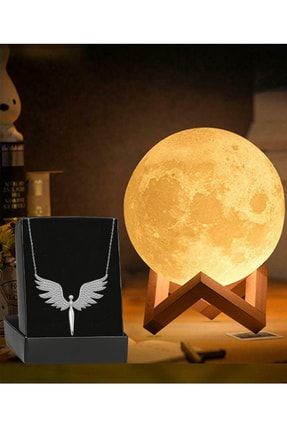 3d Standlı Ay Gece Lambası Dekoratif Küre Led ve Gümüş Melek Kolye MGAL4242