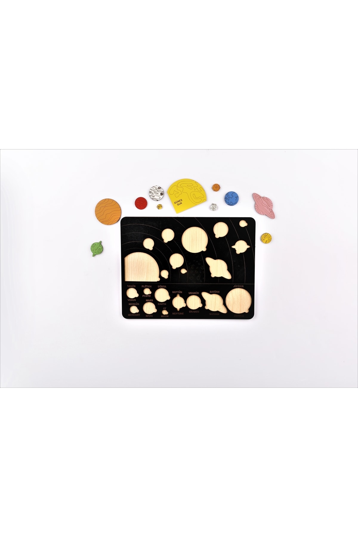 مجموعه آموزشی چوبی مشکی مونتهسوری برای رشد هوش کودکان: منظومه شمسی