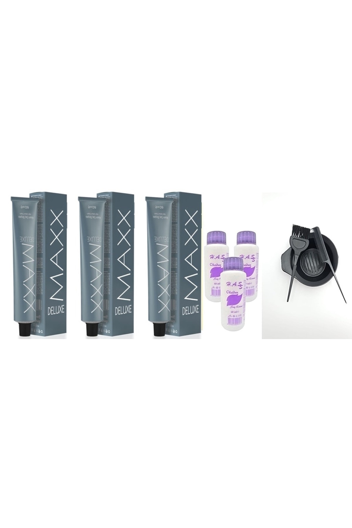MAXX DELUXE Tüp Saç Boyası Metalik Gri 60 Ml 3 Adet+3 Adet Oksidan + Boya Kabı Seti
