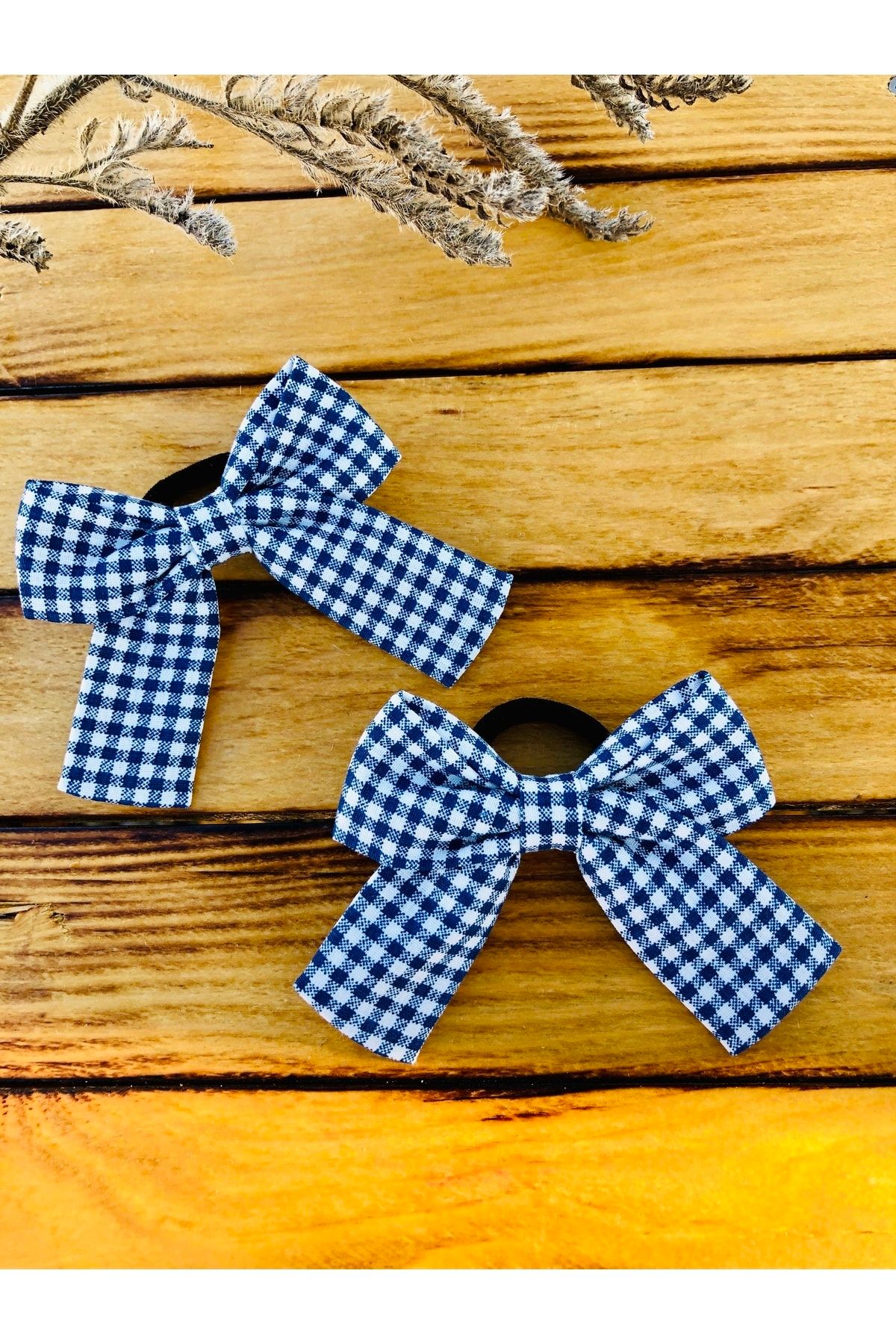 seyranat-Set of 2 Blue Gingham Patterned Elastic Bow Fabric Baby Hair Clips 2