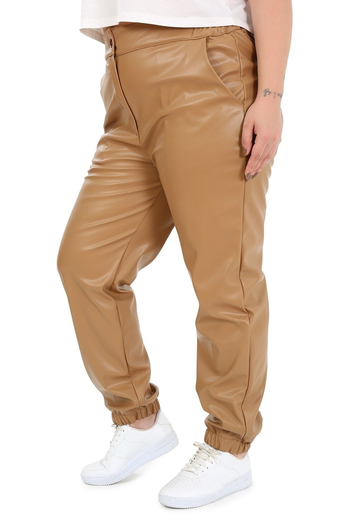 DISENTIS MODEST-Plus Size Beige Leather Trousers with Elastic Waist and Side Pockets and Elastic Legs 4